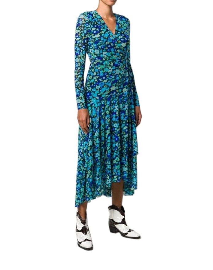 Ganni Wrap Midi Dress | Mesh Material, Lined, Stretch, Blue Floral, Size 36