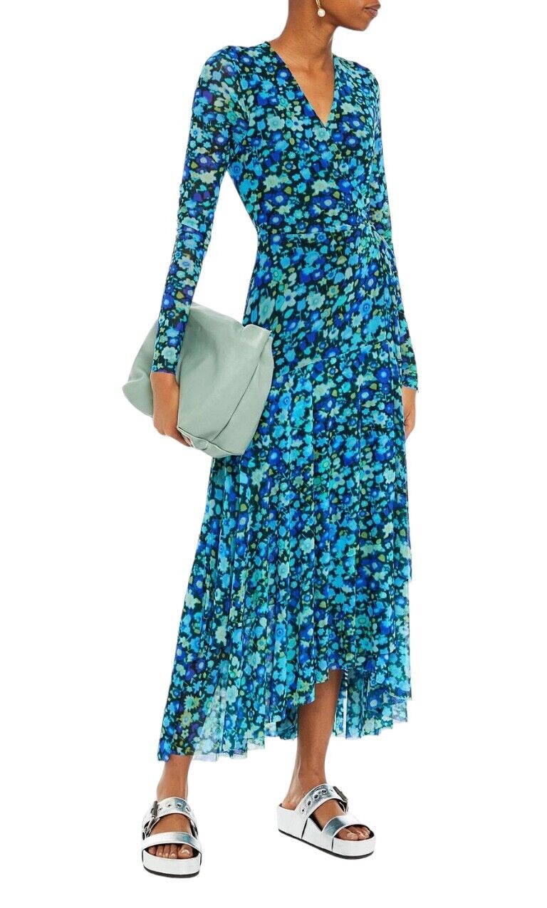 Ganni Wrap Midi Dress | Mesh Material, Lined, Stretch, Blue Floral, Size 36