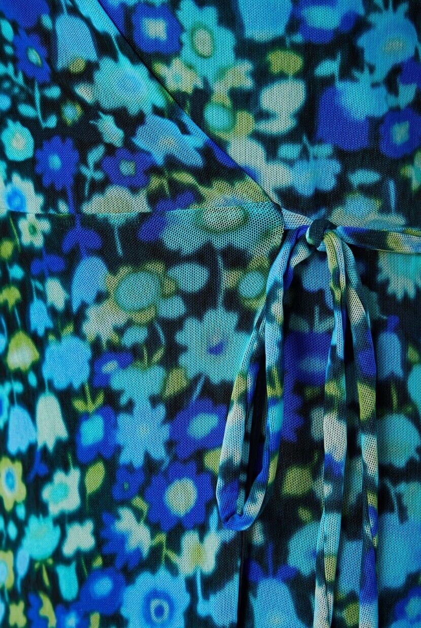 Ganni Wrap Midi Dress | Mesh Material, Lined, Stretch, Blue Floral, Size 36
