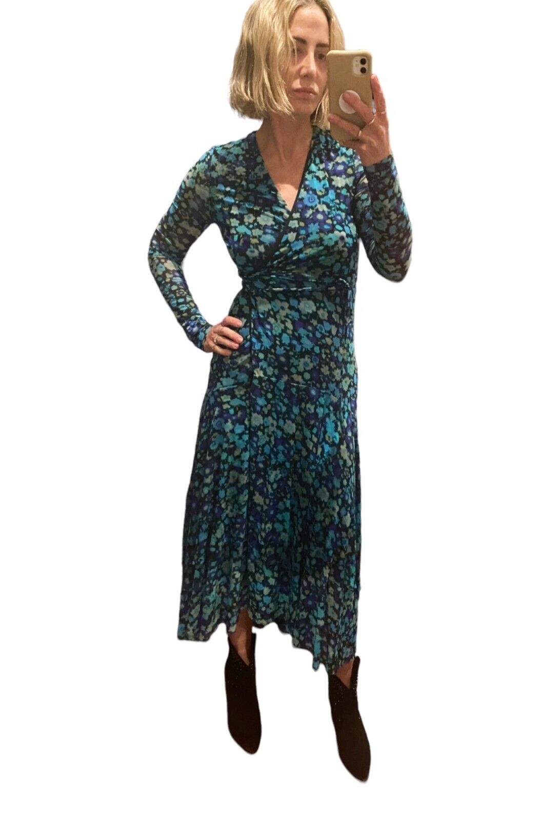 Ganni Wrap Midi Dress | Mesh Material, Lined, Stretch, Blue Floral, Size 36