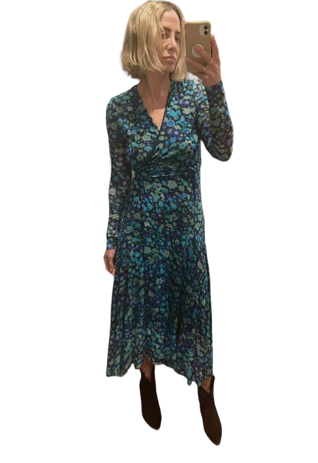 Ganni Wrap Midi Dress | Mesh Material, Lined, Stretch, Blue Floral, Size 36