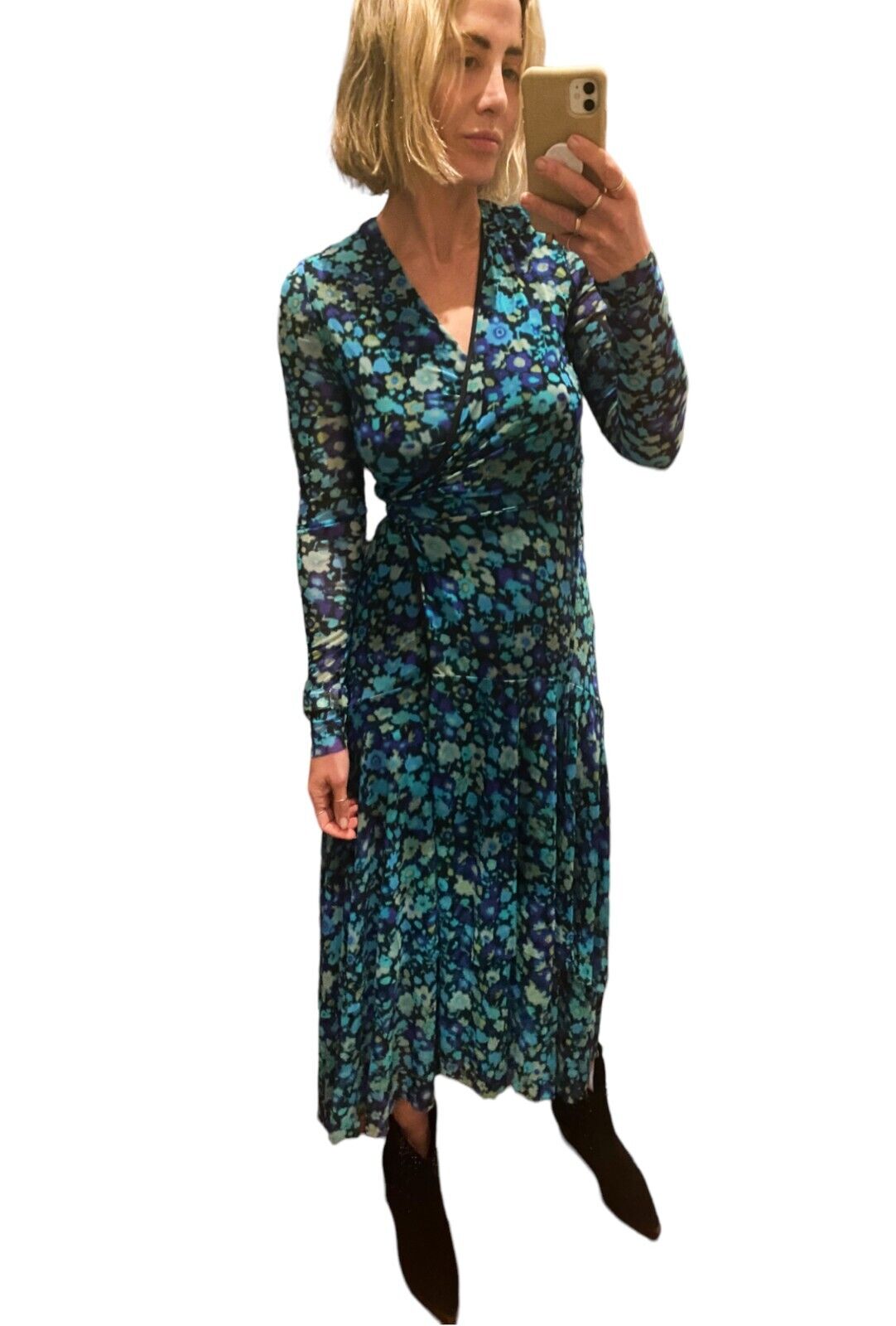 Ganni Wrap Midi Dress | Mesh Material, Lined, Stretch, Blue Floral, Size 36