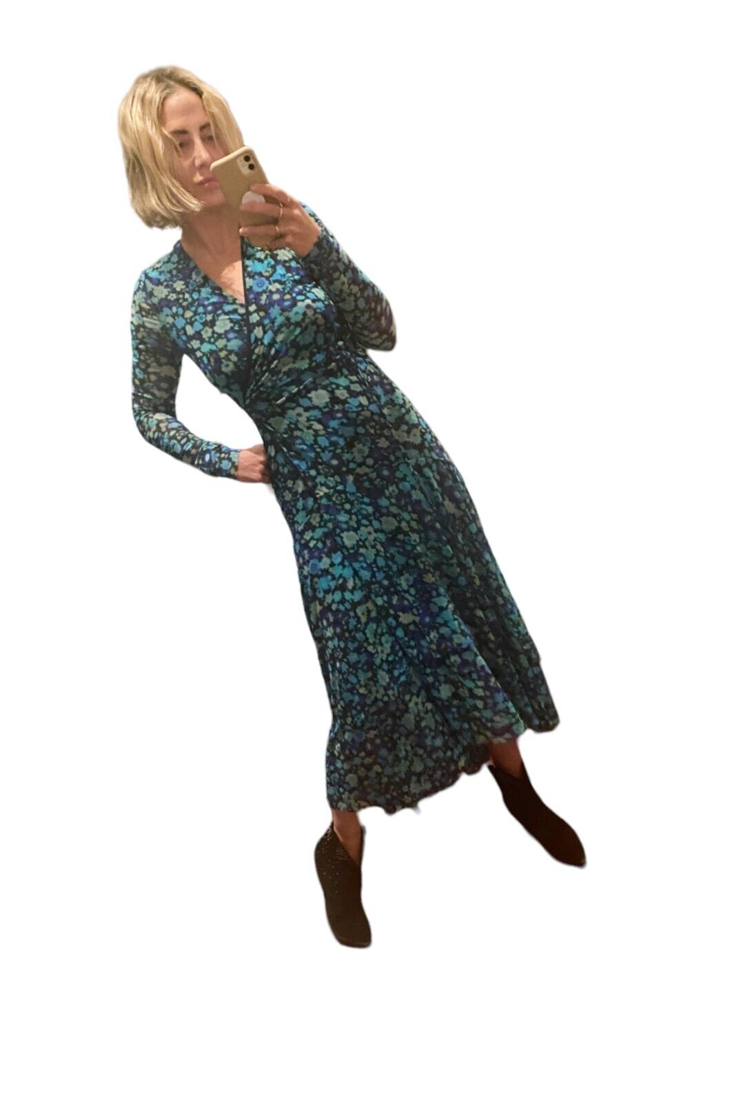 Ganni Wrap Midi Dress | Mesh Material, Lined, Stretch, Blue Floral, Size 36