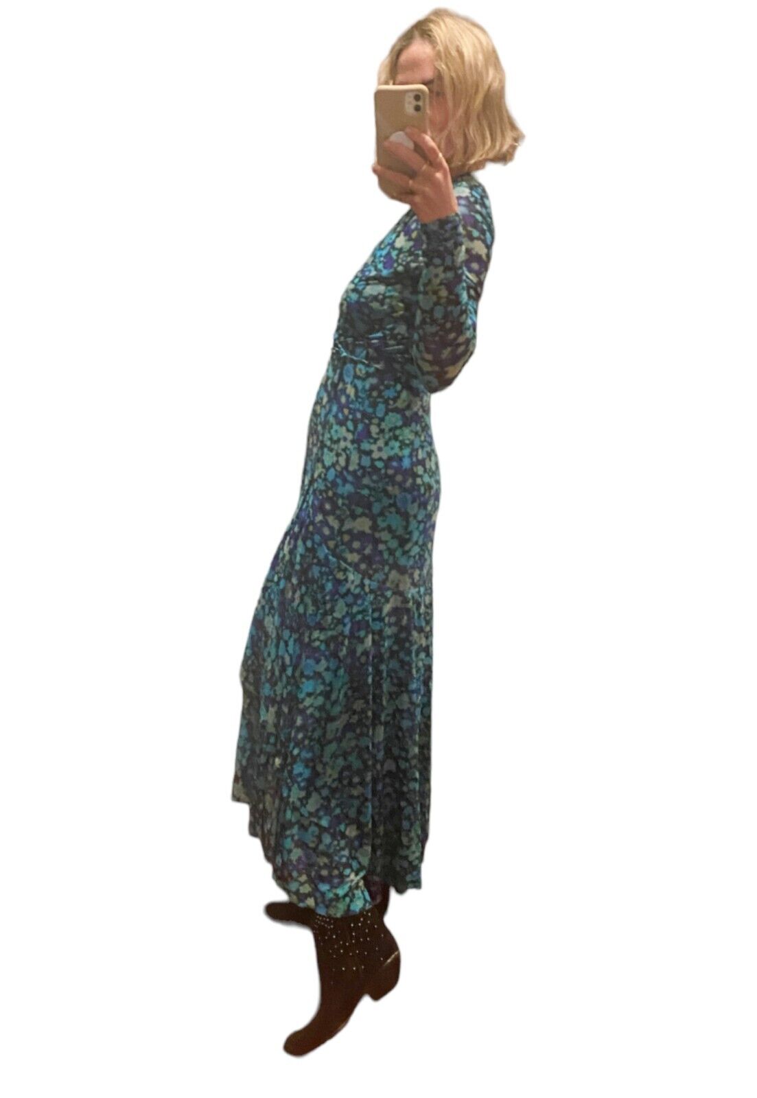 Ganni Wrap Midi Dress | Mesh Material, Lined, Stretch, Blue Floral, Size 36