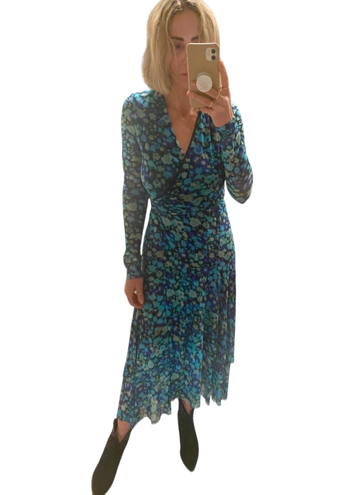 Ganni Wrap Midi Dress | Mesh Material, Lined, Stretch, Blue Floral, Size 36