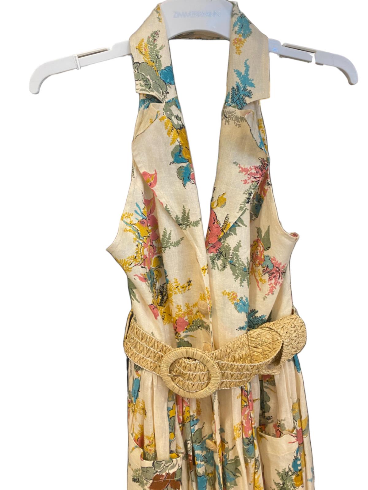 Zimmermann Clover Halter Shirt Dress | Open Back, Floral, Collar, Wicker Belt