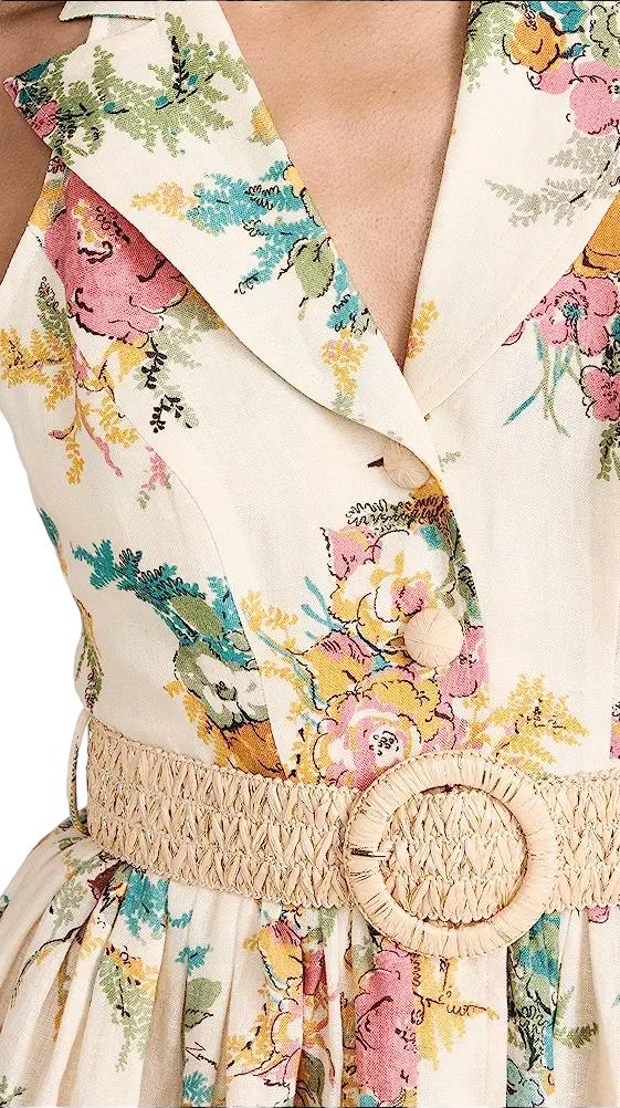 Zimmermann Clover Halter Shirt Dress | Open Back, Floral, Collar, Wicker Belt