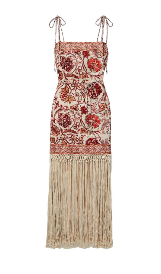 Zimmermann Vitali Fringe Mini Dress | Sepia Floral, Tie Belt/Strap, Shells/Beads