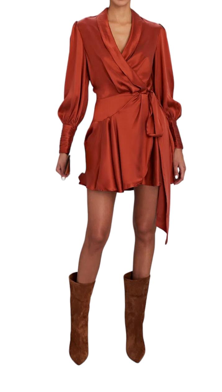 Zimmermann Silk Wrap Mini Dress | Sienna / Rust, Sueded Silk Cocktail, Party