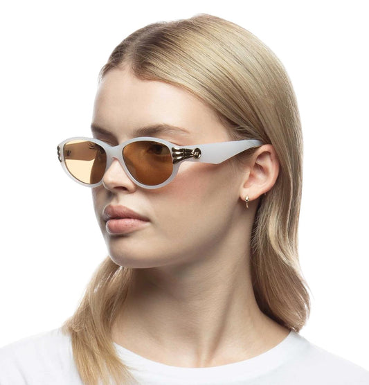 Le Specs Bombshell Sunglasses | White/Gold Hardware, Oval, Acetate, Alt Fit