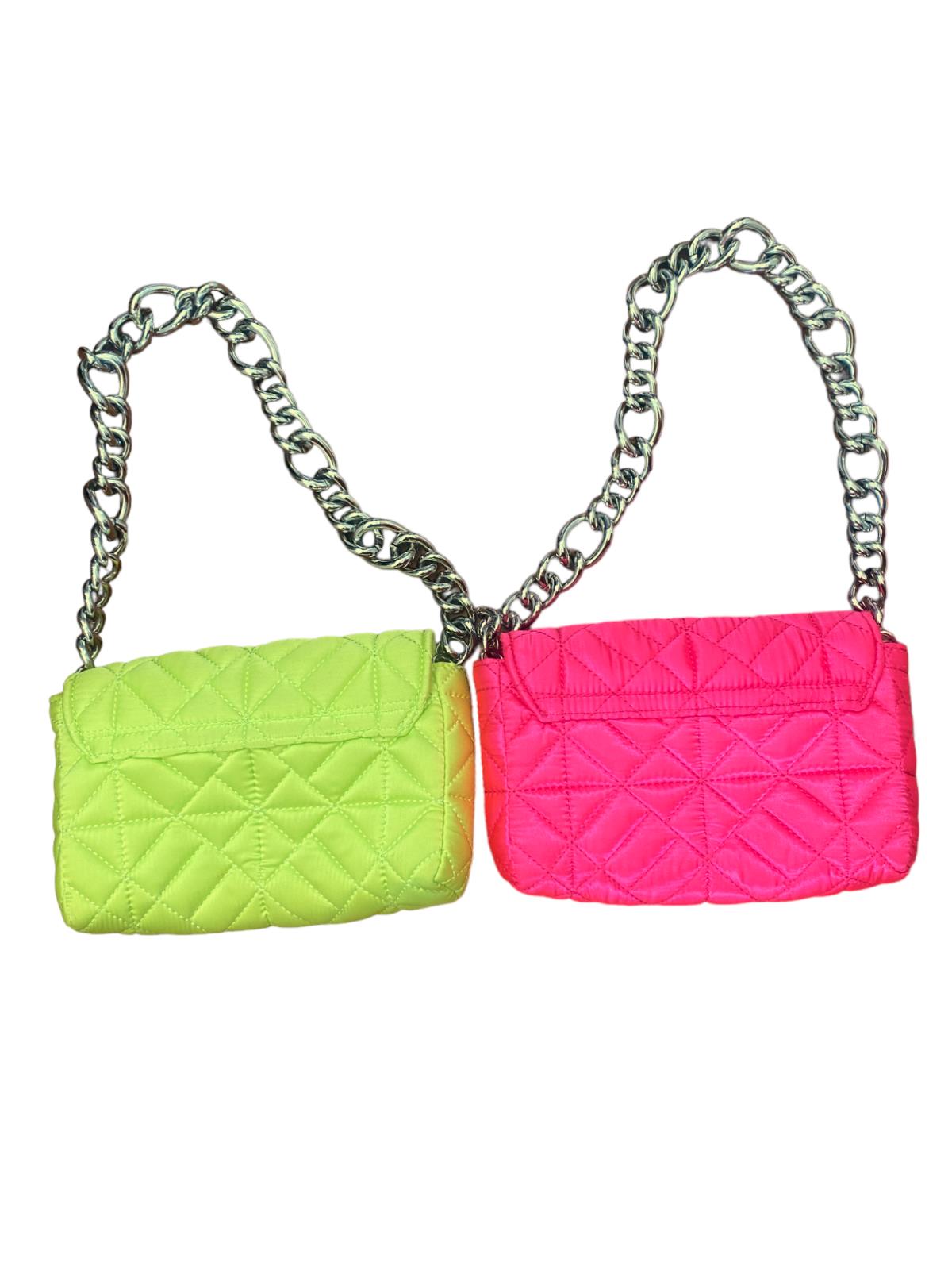 2 x ZARA Neon Quilted Handbags | Yellow & Pink, Fabric, Thick Silver Chain