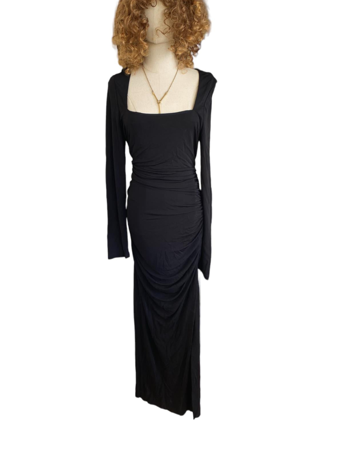 CUE Slinky Maxi Black Dress Gathered Slits Stretch Formal