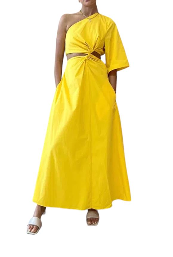 CAMILLA MARC Wally Dress Yellow Poplin Cutout One Shoulder Naked Pear CAMILLA MARC Wally Dress Yellow Poplin Cutout One Shoulder Naked Pear