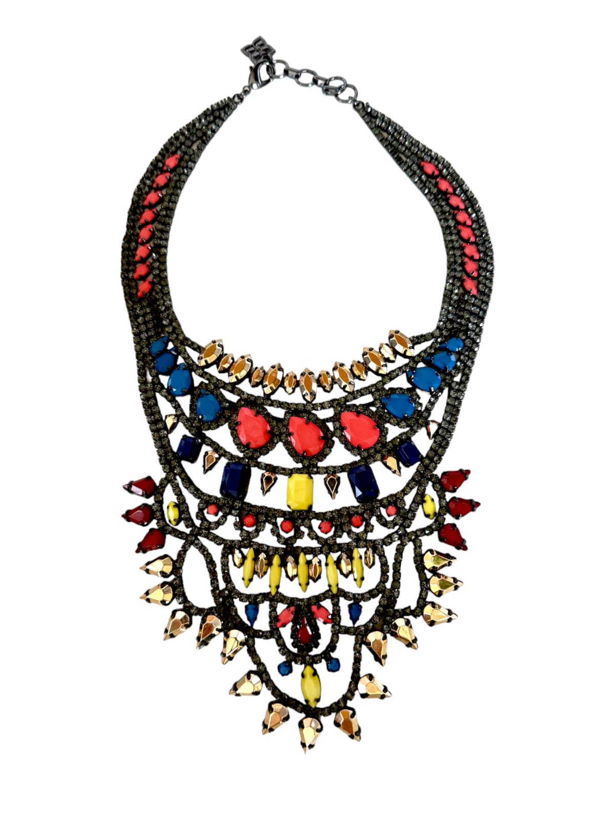 Vibrant Statement Bib Necklace | Pink/Yelow/Gold/Dark Silver Stones, Gr8 Quality