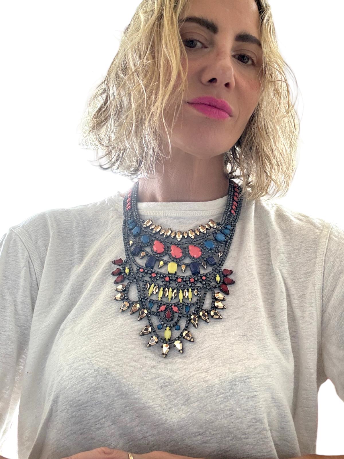 Vibrant Statement Bib Necklace | Pink/Yelow/Gold/Dark Silver Stones, Gr8 Quality