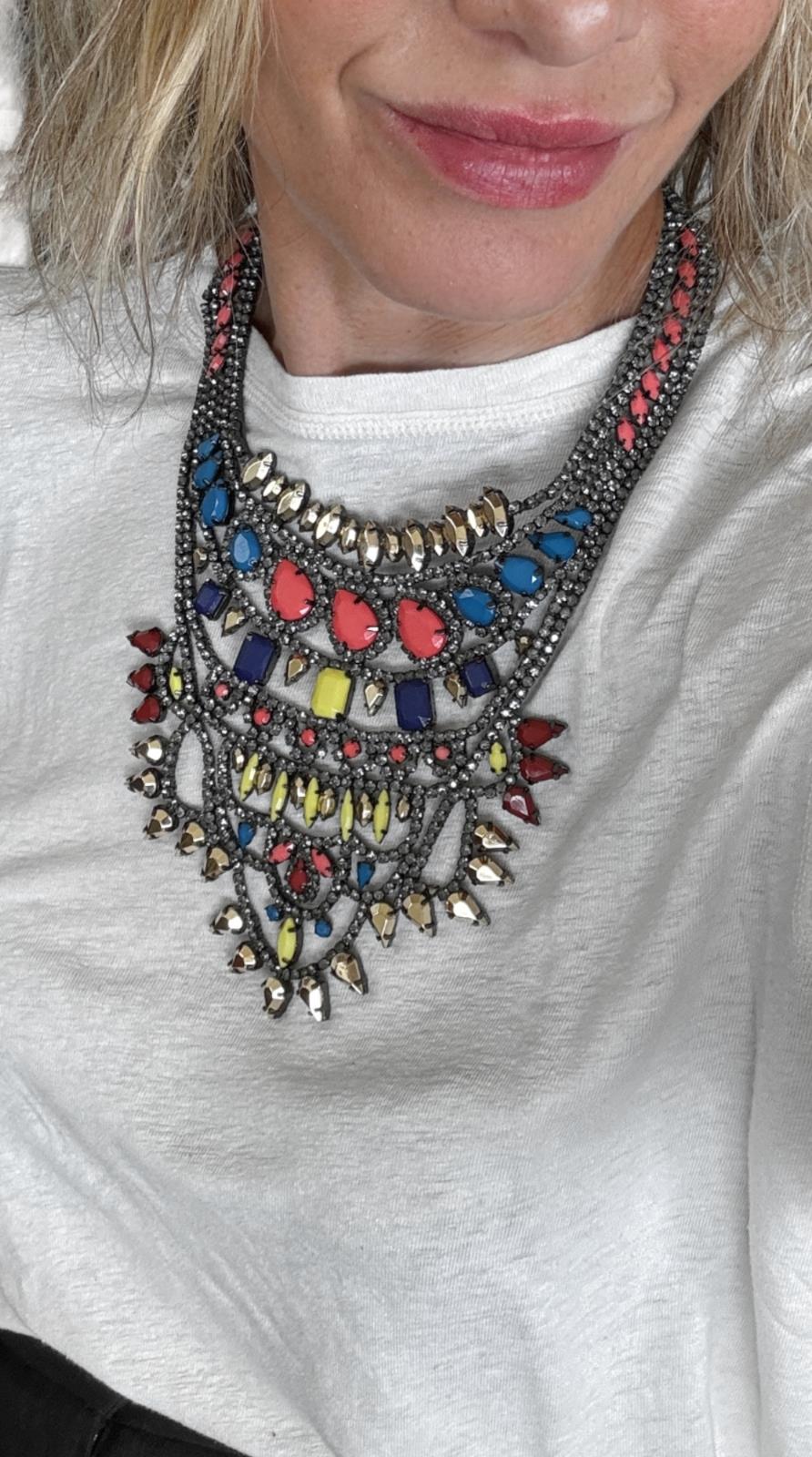 Vibrant Statement Bib Necklace | Pink/Yelow/Gold/Dark Silver Stones, Gr8 Quality