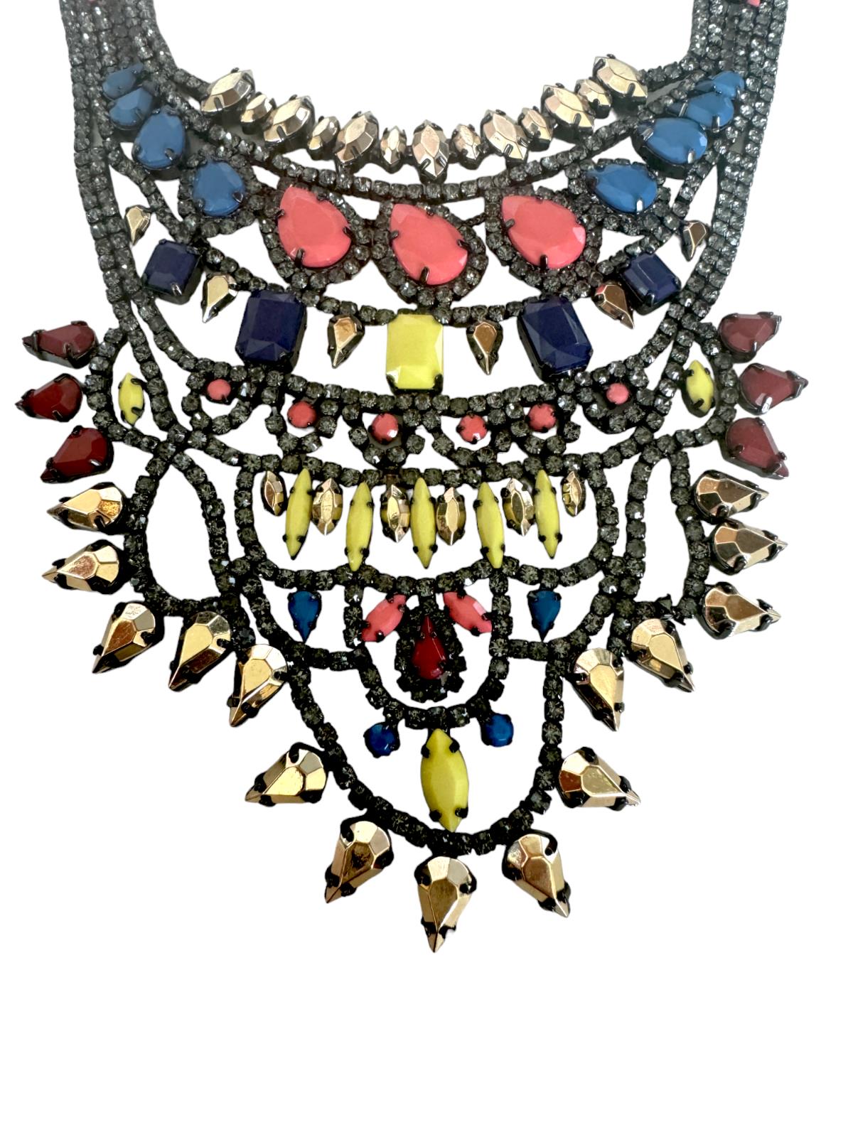Vibrant Statement Bib Necklace | Pink/Yelow/Gold/Dark Silver Stones, Gr8 Quality