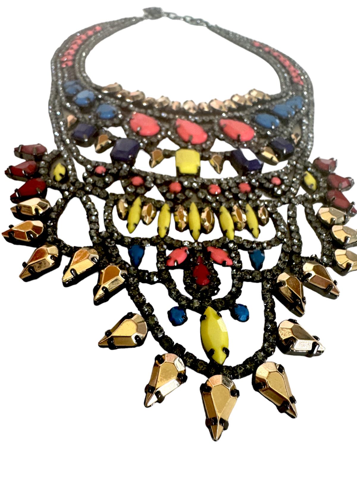 Vibrant Statement Bib Necklace | Pink/Yelow/Gold/Dark Silver Stones, Gr8 Quality