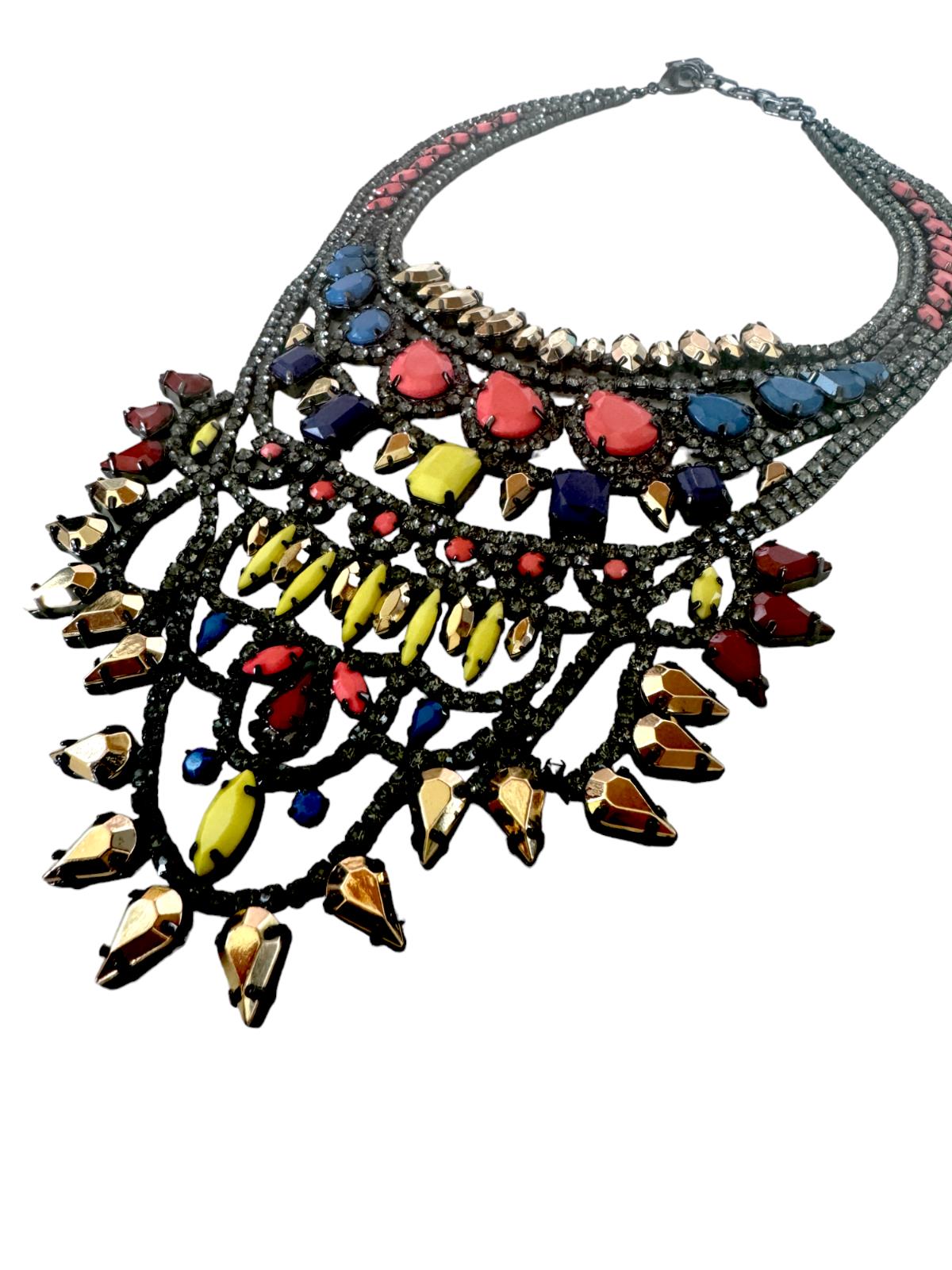 Vibrant Statement Bib Necklace | Pink/Yelow/Gold/Dark Silver Stones, Gr8 Quality