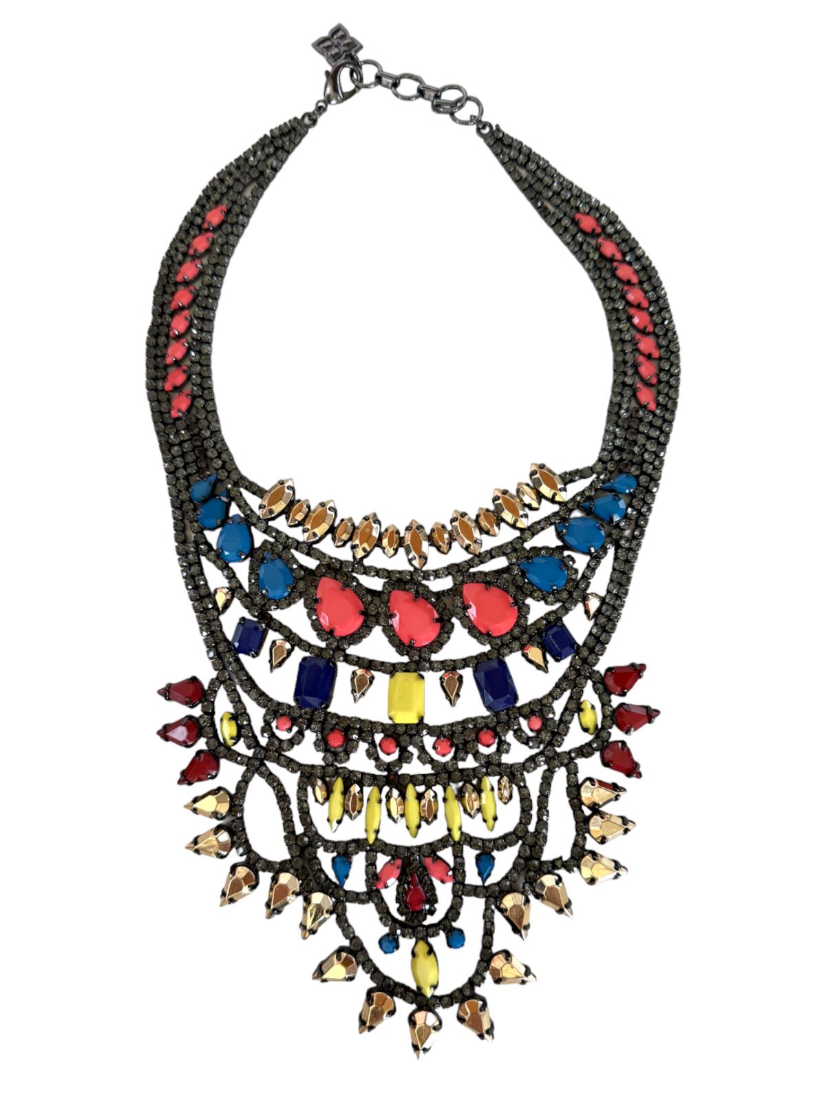 Vibrant Statement Bib Necklace | Pink/Yelow/Gold/Dark Silver Stones, Gr8 Quality