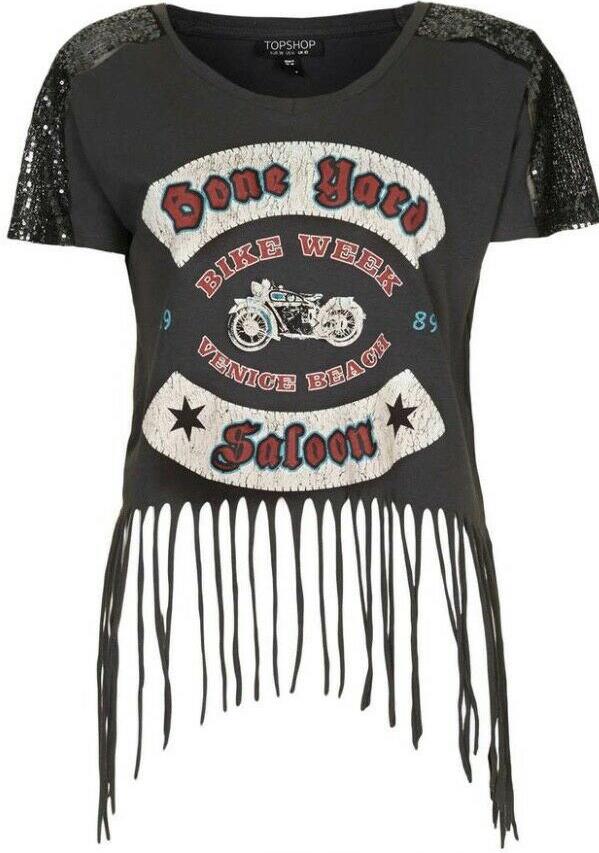 Topshop Bone Yard Rocker Tee | Biker, Grey, Fringes / Tassles, Sequined Shoulder