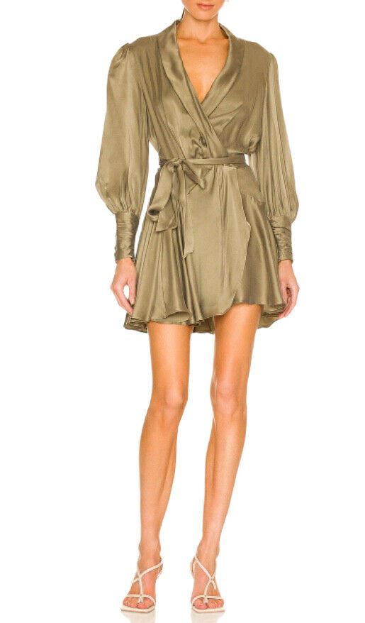 Zimmermann Silk Wrap Mini Dress | Khaki /Olive Green, Sueded Silk Cocktail dress