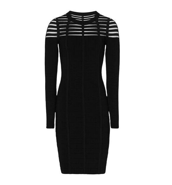 Reiss Felicity Bandage Dress | Black, Bodycon, Stretch, Midi, Sheer, Size 14