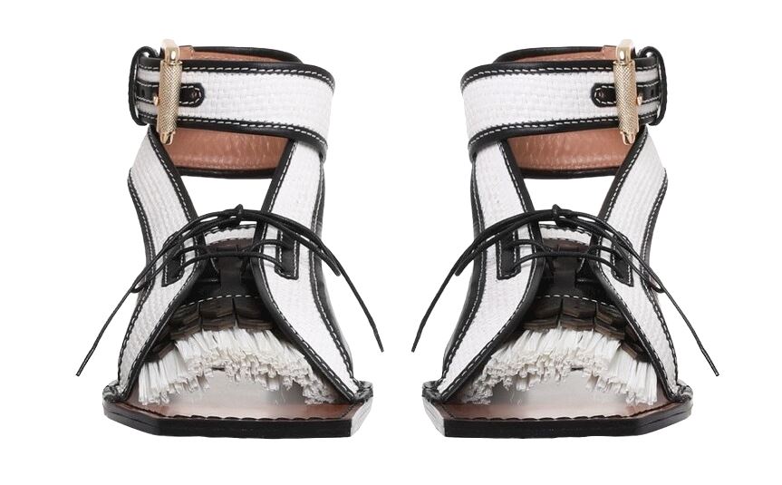 Zimmermann Lace Up Golf Sandal | Black / White, Fringes, Leather, Ratan, Flats