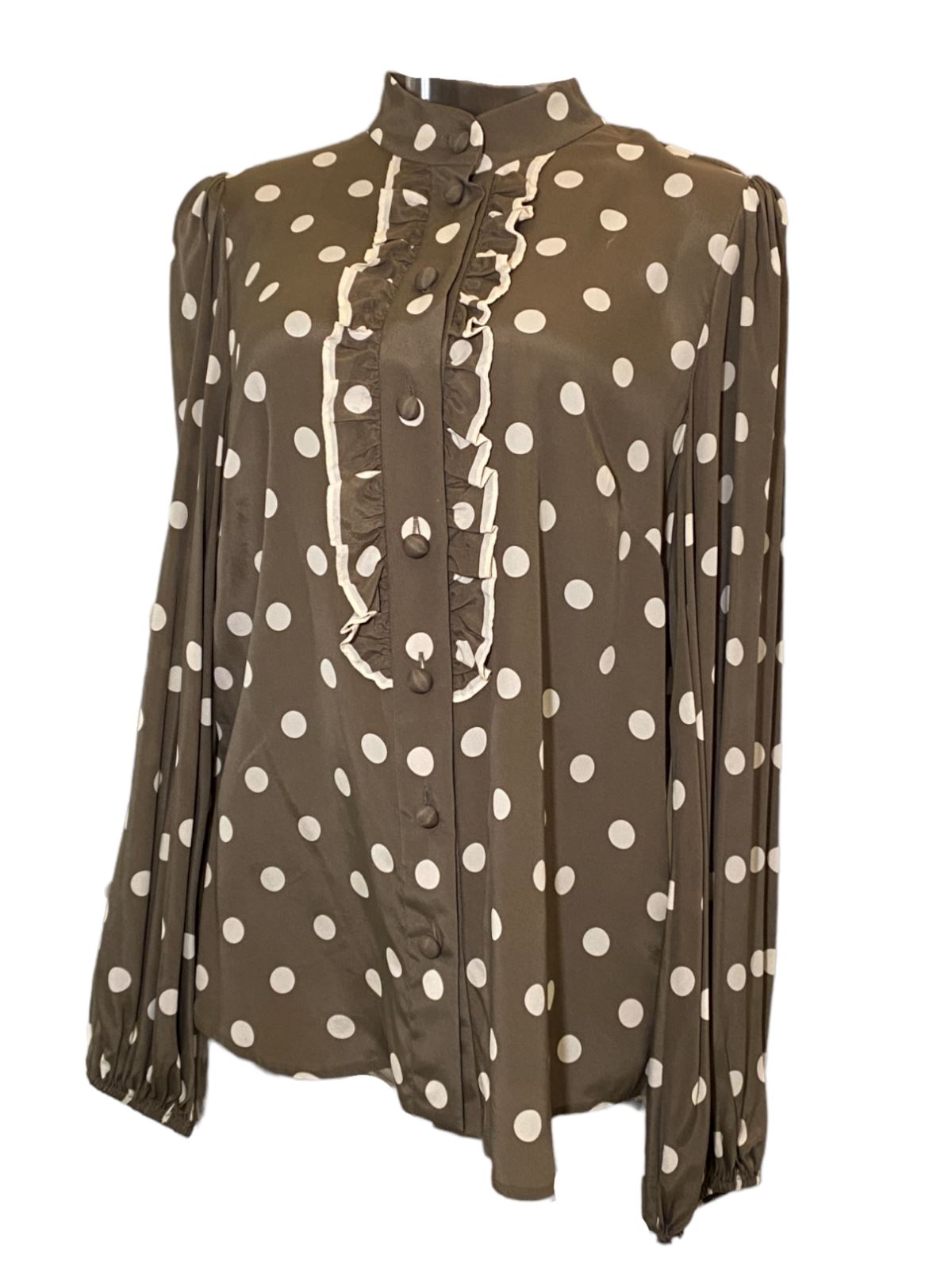 Zimmermann Frill Blouse | Khaki Olive/Cream Polka Dot, Spun Silk, Dolman Sleeves