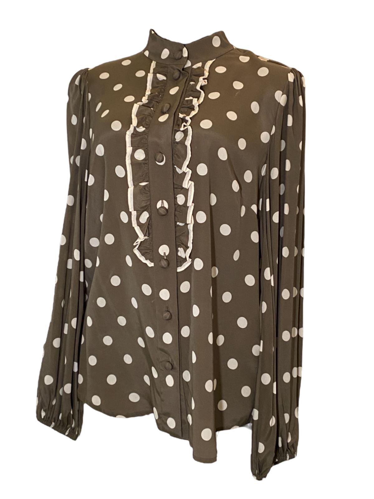 Zimmermann Frill Blouse | Khaki Olive/Cream Polka Dot, Spun Silk, Dolman Sleeves
