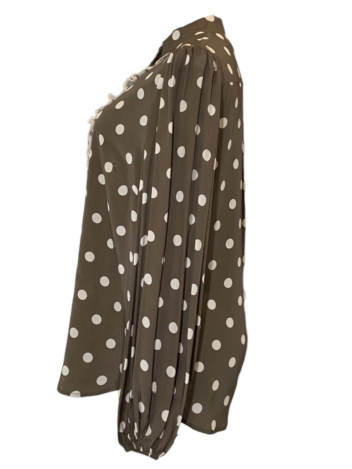 Zimmermann Frill Blouse | Khaki Olive/Cream Polka Dot, Spun Silk, Dolman Sleeves