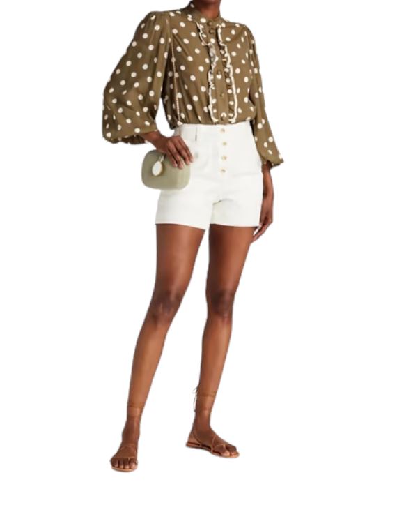 Zimmermann Frill Blouse | Khaki Olive/Cream Polka Dot, Spun Silk, Dolman Sleeves