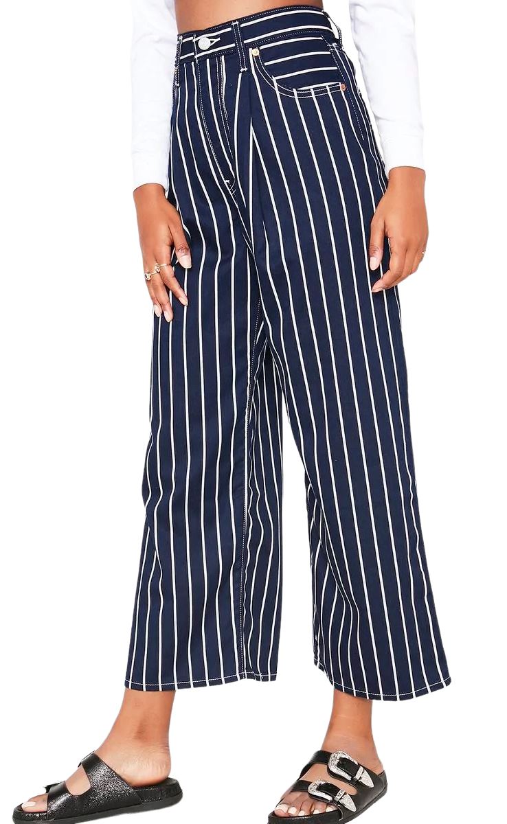 Levi's Ribcage Pleated Crop | Navy / White Stripe | High Waisted, Wide Leg Sz 28