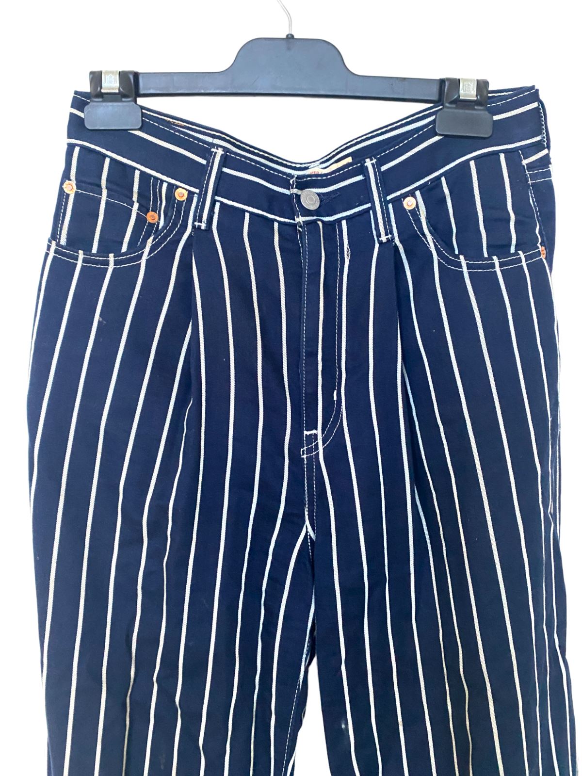 Levi's Ribcage Pleated Crop | Navy / White Stripe | High Waisted, Wide Leg Sz 28