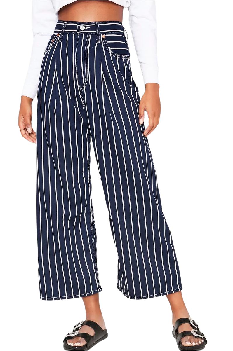 Levi's Ribcage Pleated Crop | Navy / White Stripe | High Waisted, Wide Leg Sz 28