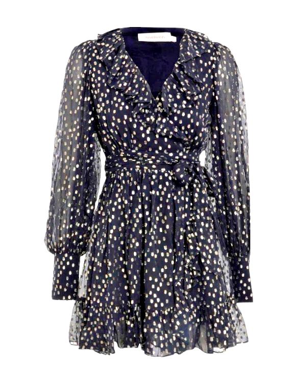 Zimmermann Lurex Wrap Mini Dress | Chiffon, Sheer, Lined, Dolman, Black / Gold