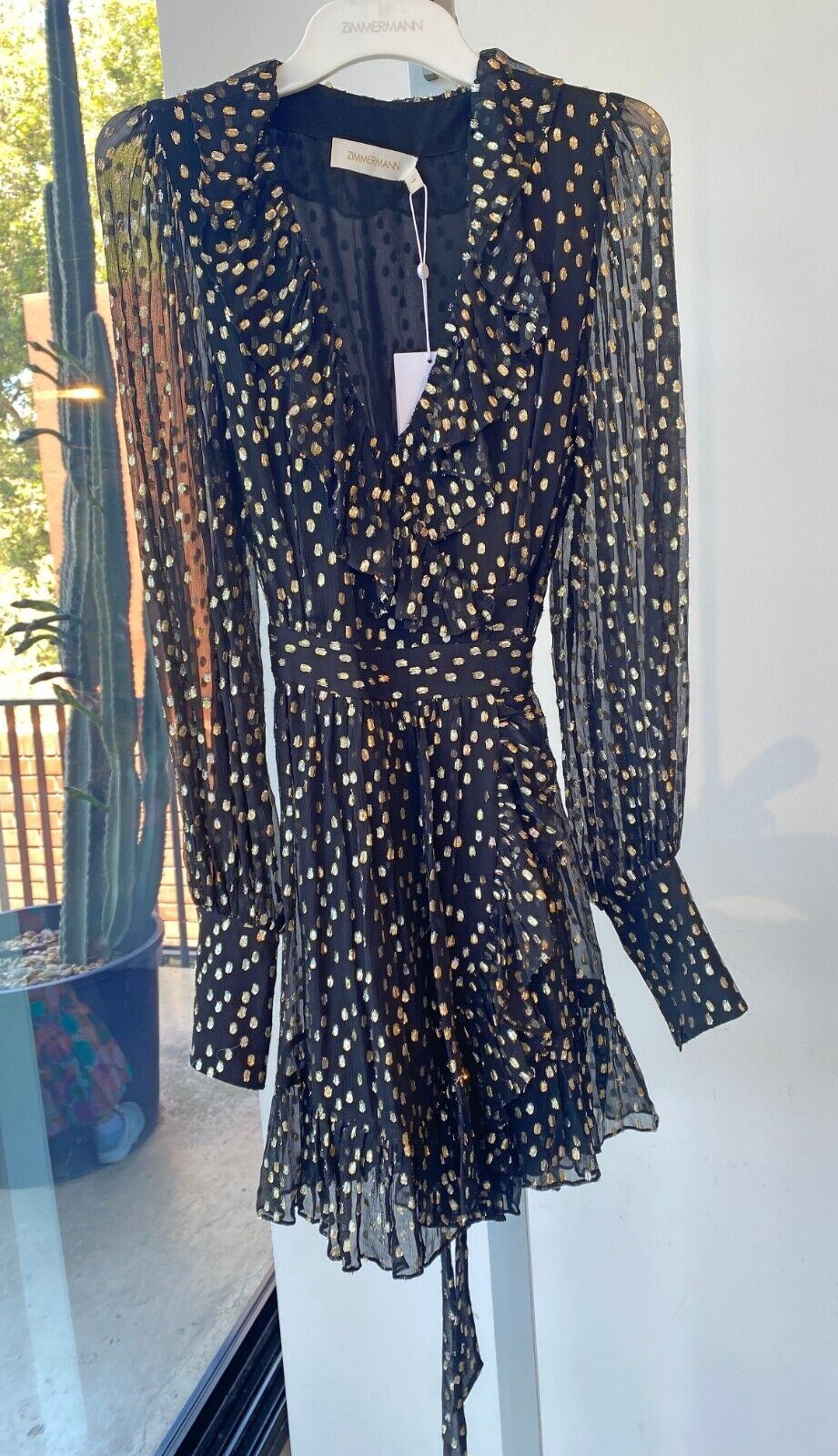 Zimmermann Lurex Wrap Mini Dress | Chiffon, Sheer, Lined, Dolman, Black / Gold