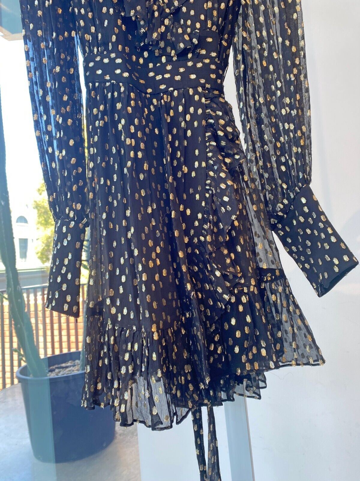 Zimmermann Lurex Wrap Mini Dress | Chiffon, Sheer, Lined, Dolman, Black / Gold