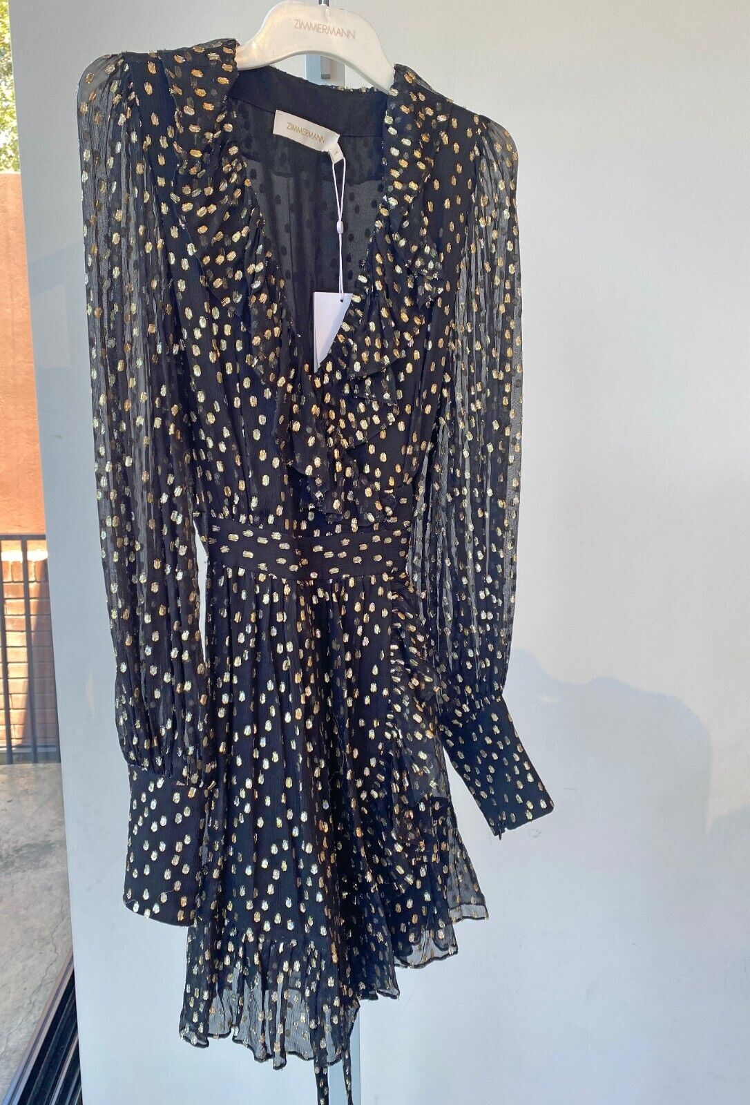Zimmermann Lurex Wrap Mini Dress | Chiffon, Sheer, Lined, Dolman, Black / Gold