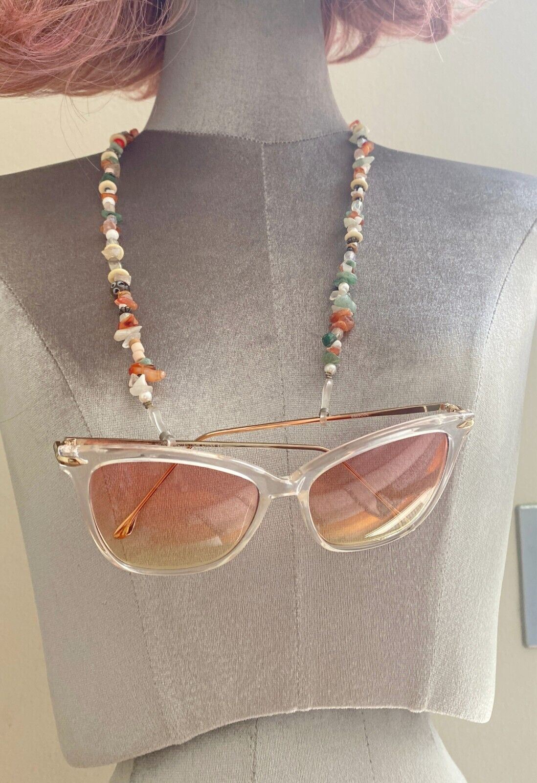 NAKED PEAR Semi Precious Stone Sunglasses / Glasses Chain, Holder, Rose Quartz
