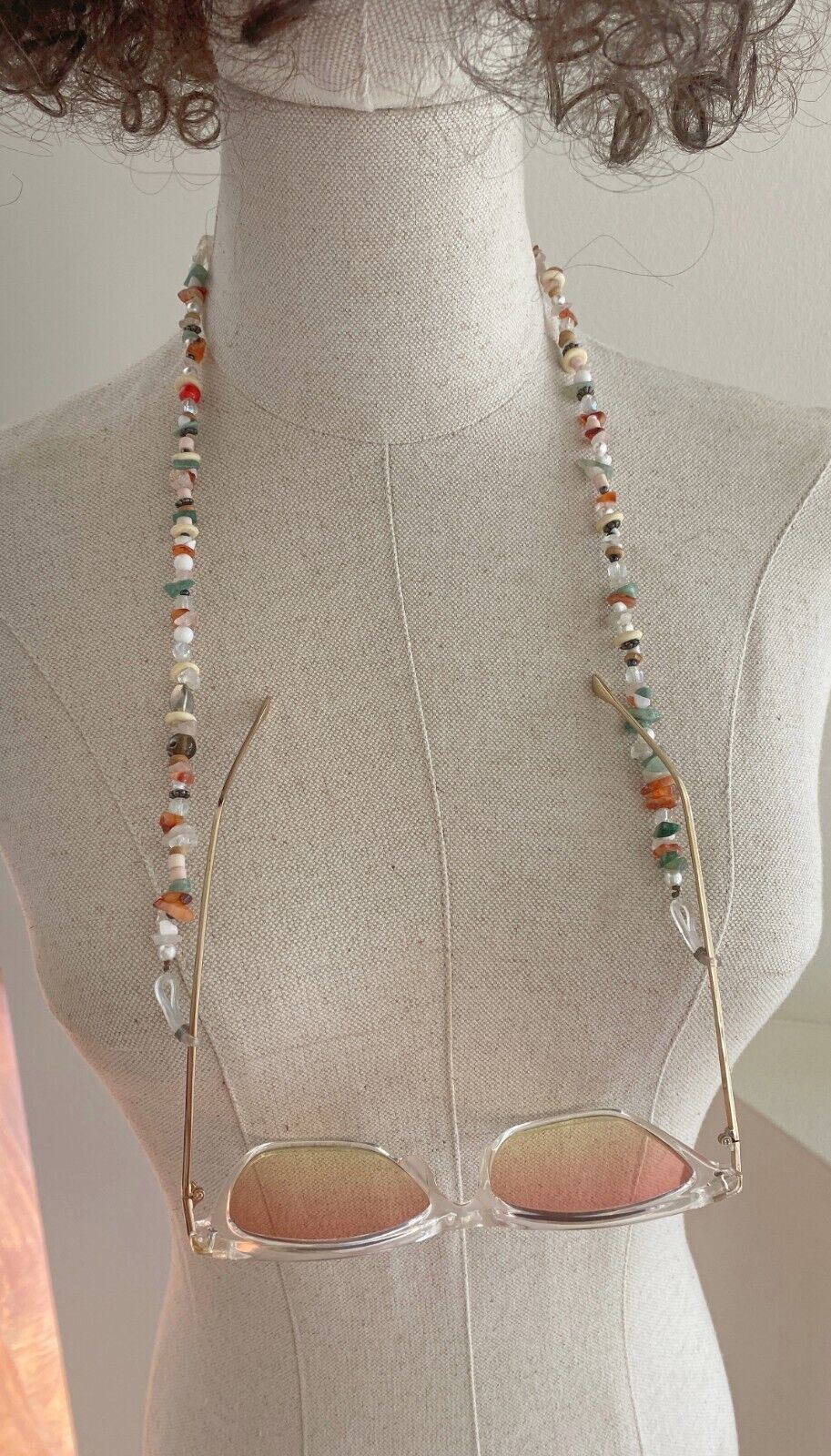 NAKED PEAR Semi Precious Stone Sunglasses / Glasses Chain, Holder, Rose Quartz