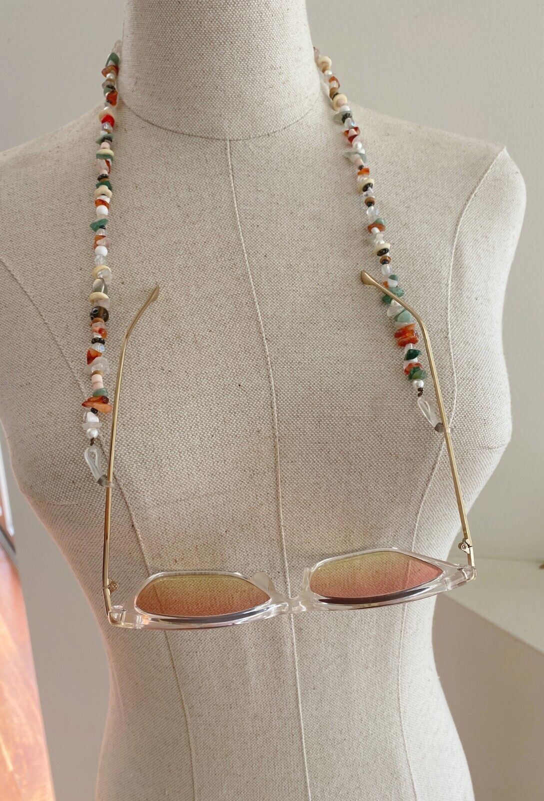 NAKED PEAR Semi Precious Stone Sunglasses / Glasses Chain, Holder, Rose Quartz