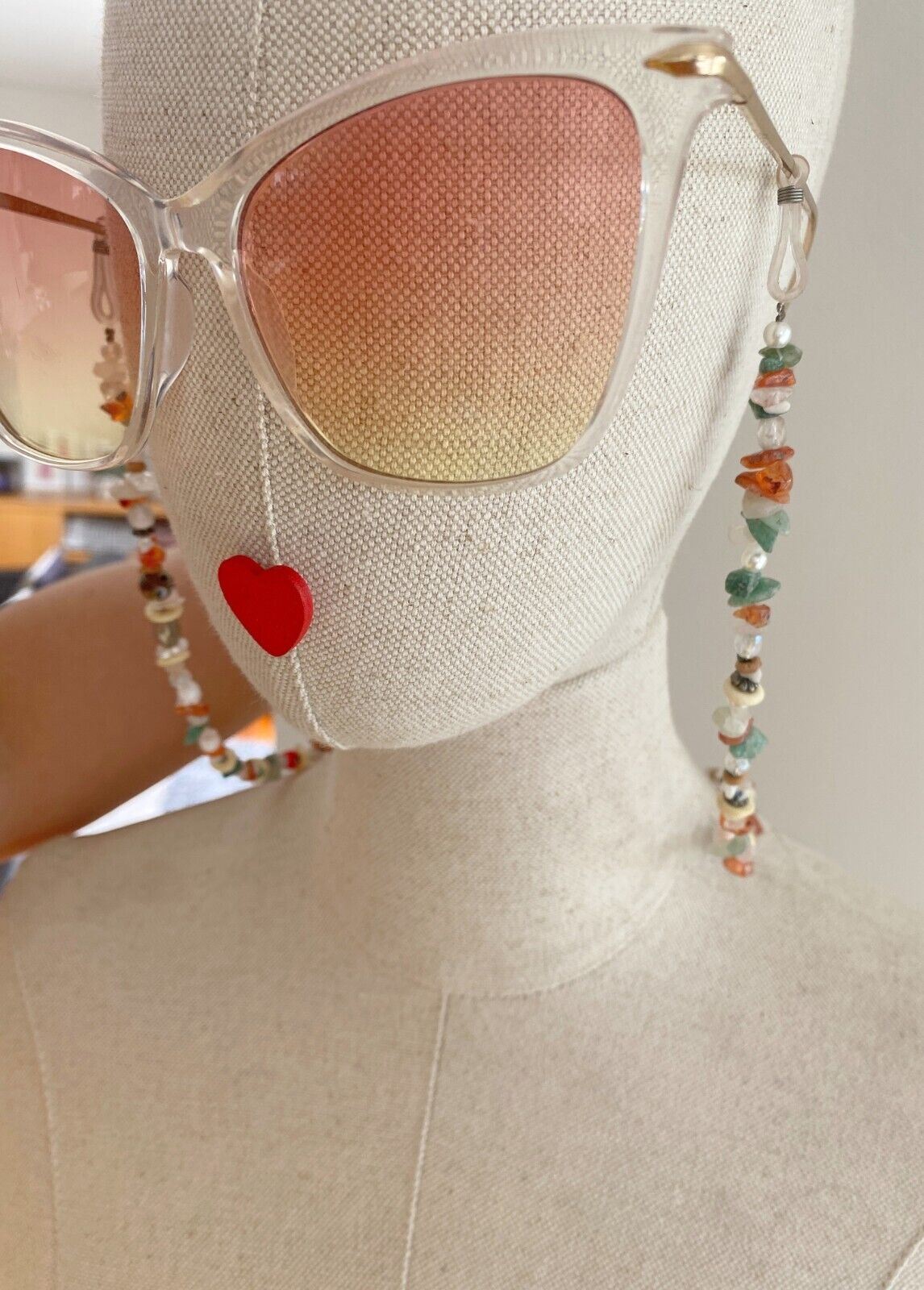 NAKED PEAR Semi Precious Stone Sunglasses / Glasses Chain, Holder, Rose Quartz