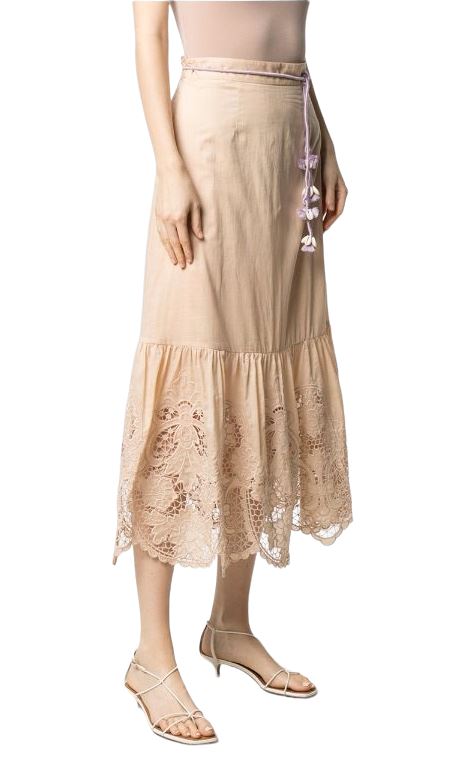 Zimmermann Brighton Scallop Frill Skirt | Taupe/Beige, Rope Belt, High Waisted