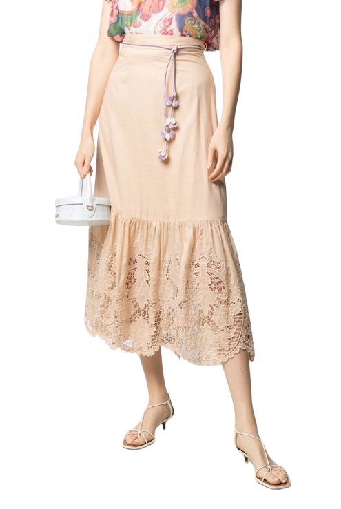 Zimmermann Brighton Scallop Frill Skirt | Taupe/Beige, Rope Belt, High Waisted