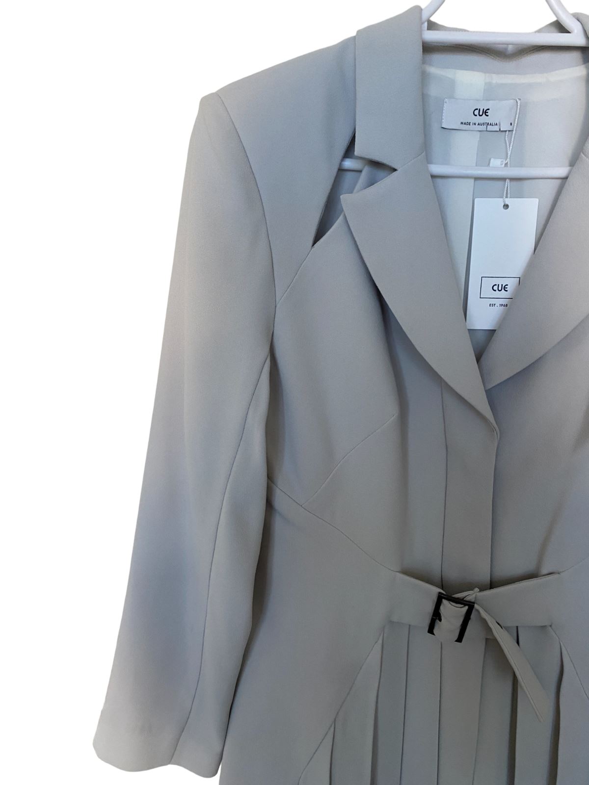 CUE Cut-Out Blazer Dress | Light Grey, Jacket, Shoulder Pads, Pleated, Belted