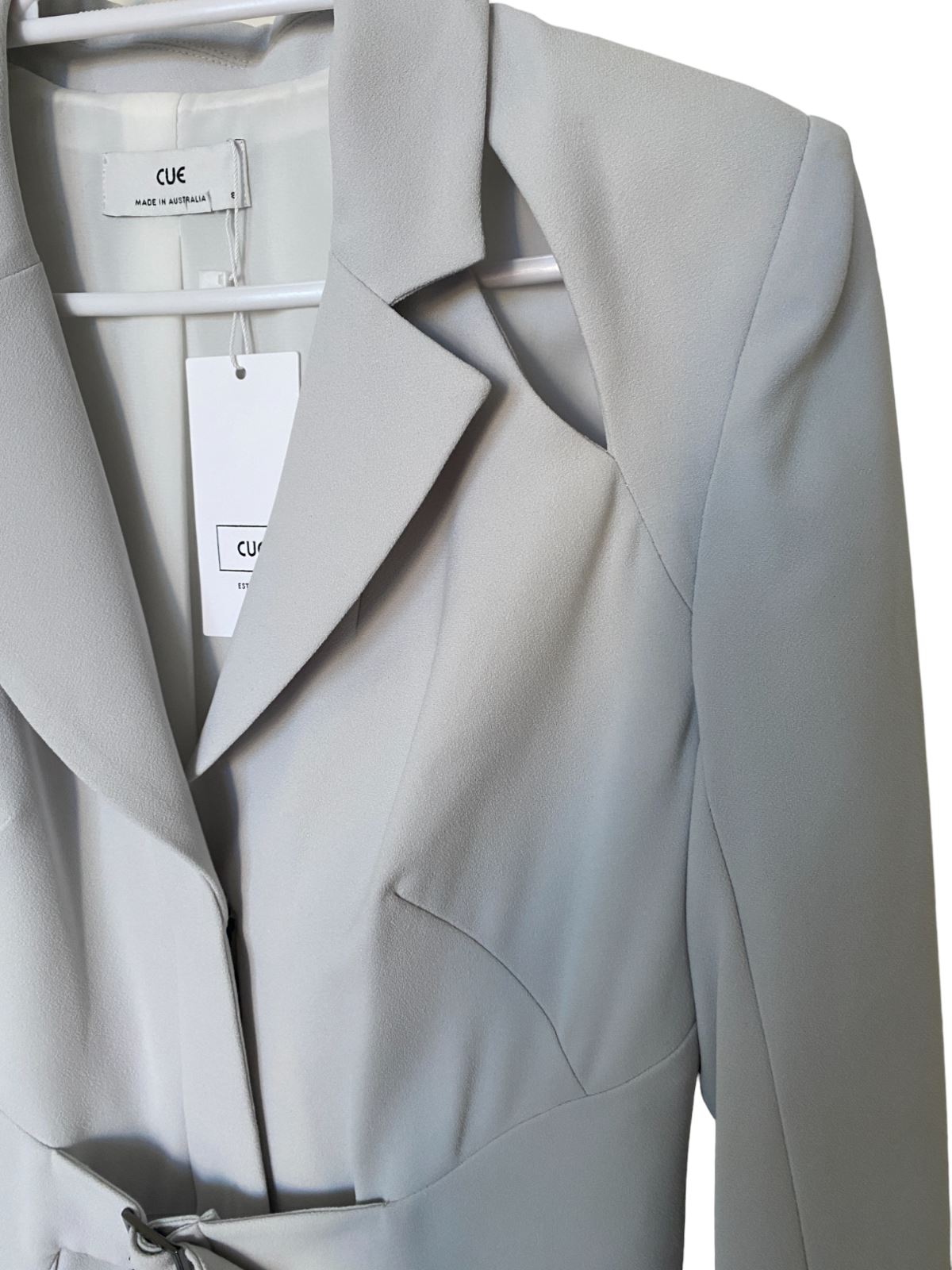 CUE Cut-Out Blazer Dress | Light Grey, Jacket, Shoulder Pads, Pleated, Belted