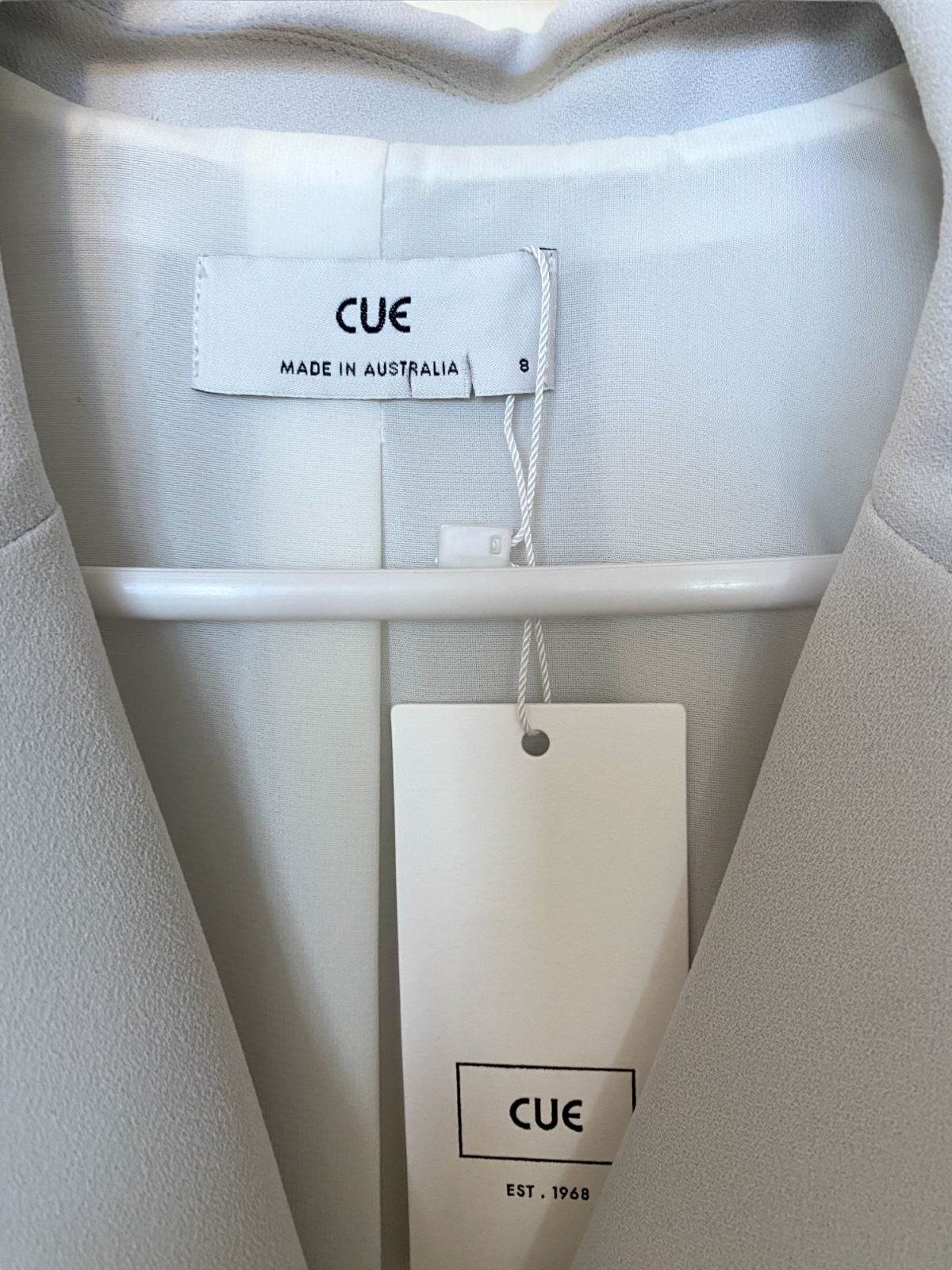 CUE Cut-Out Blazer Dress | Light Grey, Jacket, Shoulder Pads, Pleated, Belted