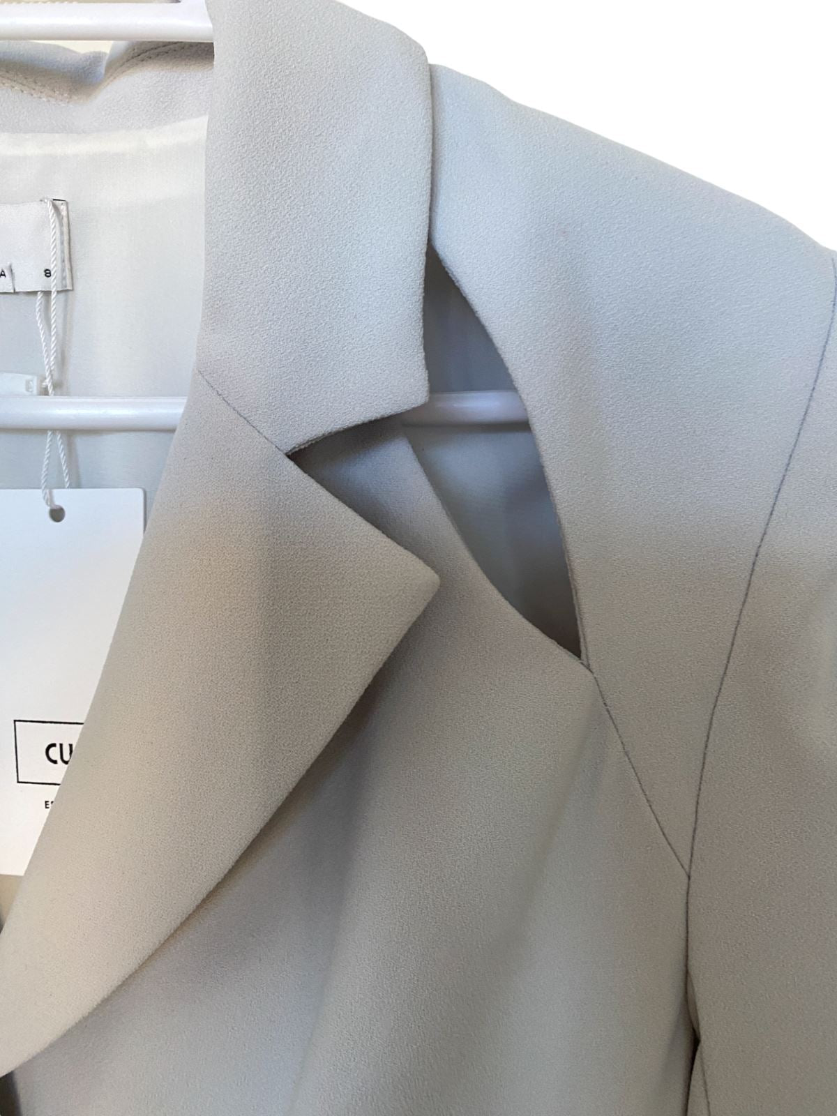 CUE Cut-Out Blazer Dress | Light Grey, Jacket, Shoulder Pads, Pleated, Belted