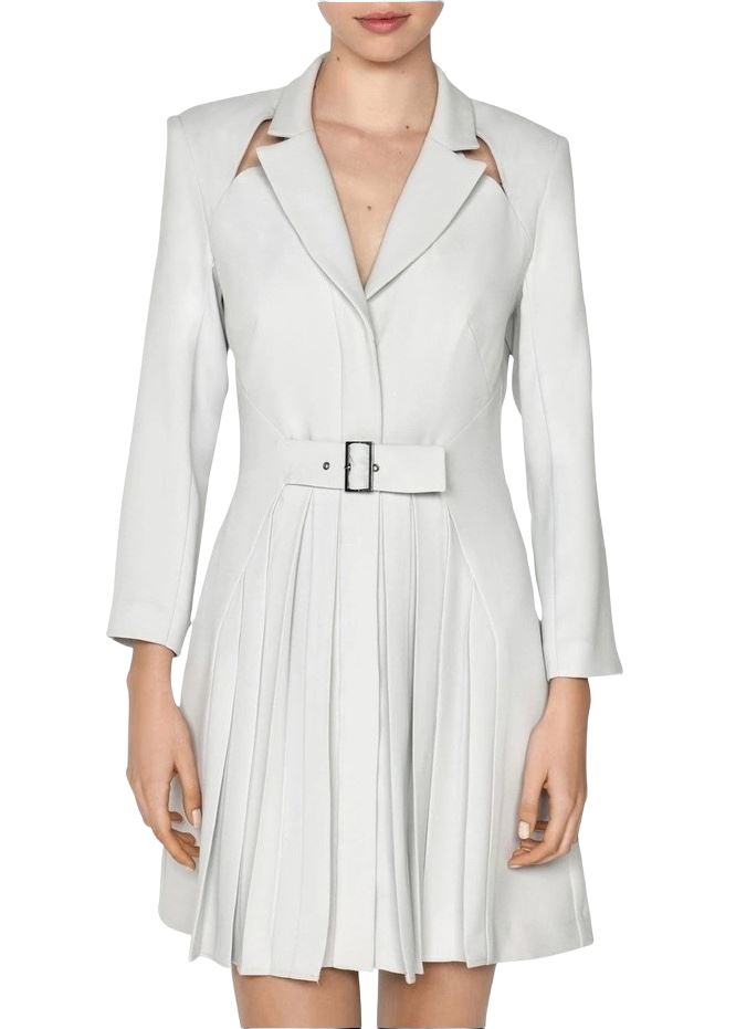 CUE Cut-Out Blazer Dress | Light Grey, Jacket, Shoulder Pads, Pleated, Belted